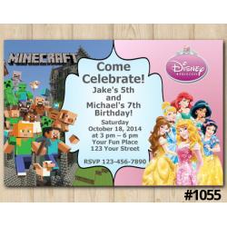 Twin Minecraft and Disney Princesses Invitation